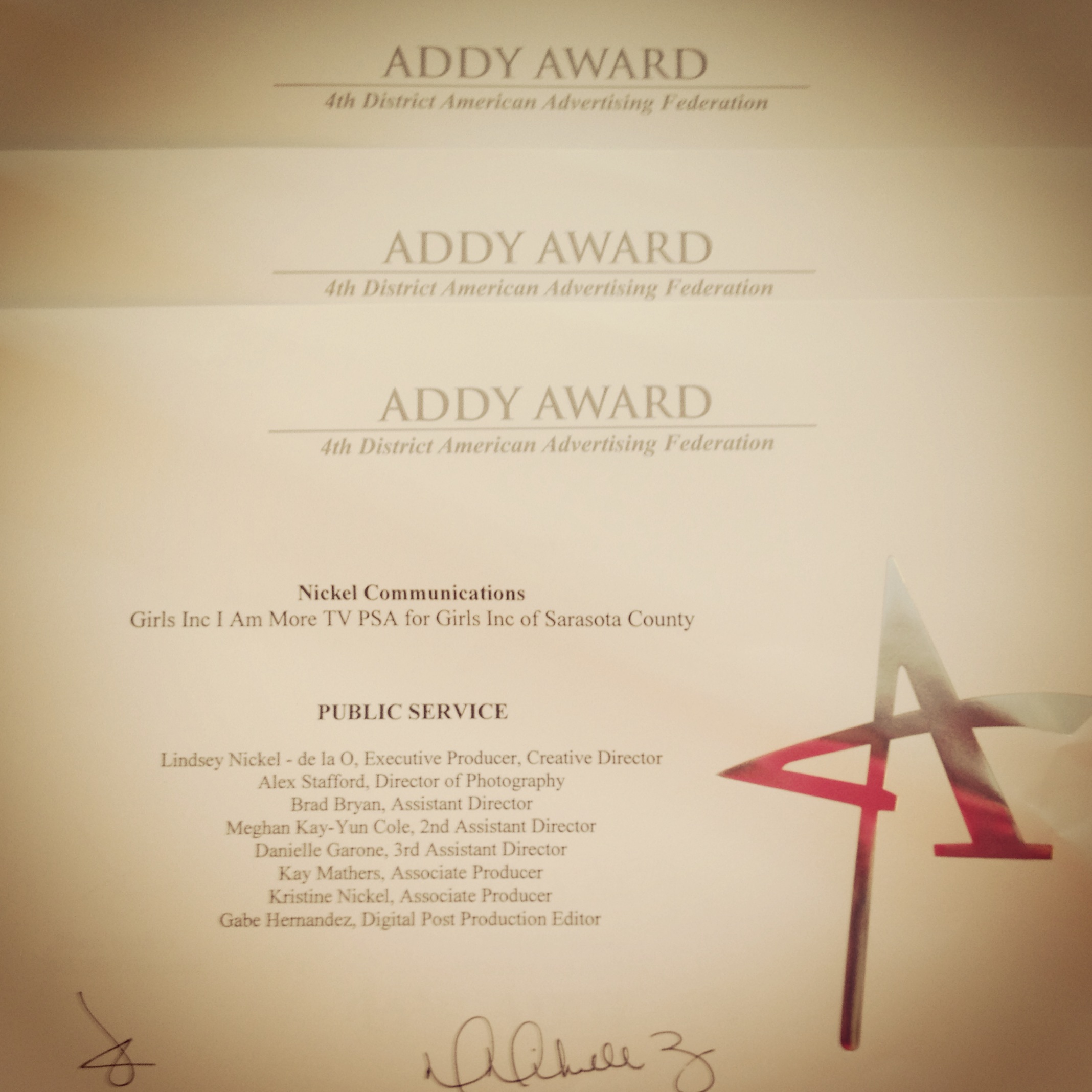 3 District ADDY Awards for Nickel Communications in Sarasota